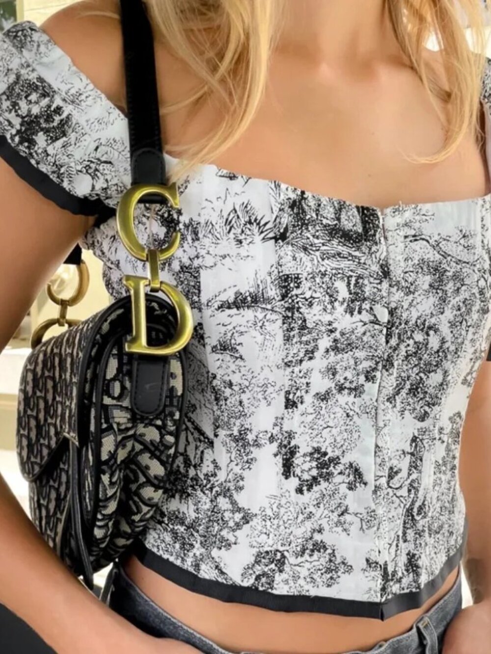 VRG GRL Rue Jean Lace Up Corset Tank Top - Black/White Floral Toile - Size Small